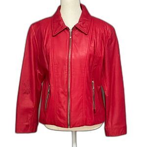 Guess Genuine Leather Red Zip Jacket Women’s L Satin Lining